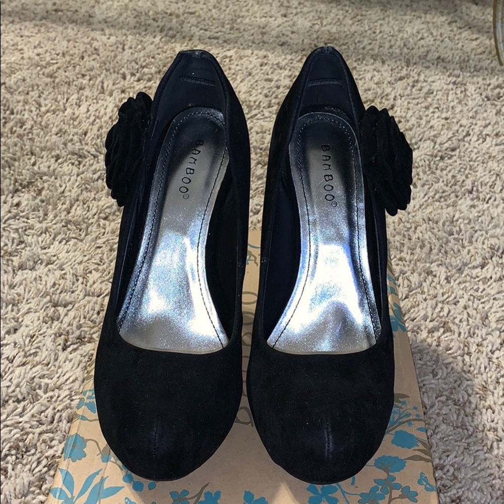 Suede Black Heels with Flower Accent